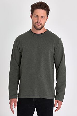 Erkek Haki Çift Bisiklet Yaka Standart Rahat Kesim Sweatshirt