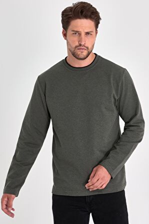 Erkek Haki Çift Bisiklet Yaka Standart Rahat Kesim Sweatshirt