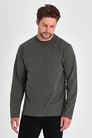 Erkek Haki Çift Bisiklet Yaka Standart Rahat Kesim Sweatshirt