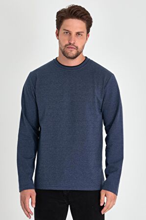 Erkek İndigo Çift Bisiklet Yaka Standart Rahat Kesim Sweatshirt