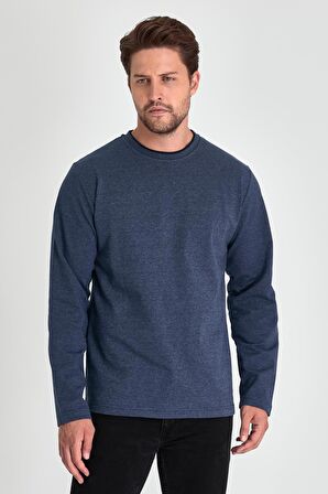 Erkek İndigo Çift Bisiklet Yaka Standart Rahat Kesim Sweatshirt