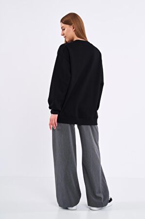 Kadın Siyah Pamuklu Oversize Basic Bisiklet Yaka Sweatshirt
