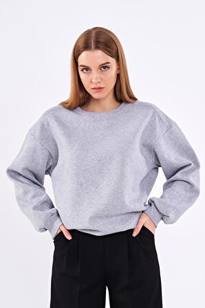 Gri Kadın Pamuklu Oversize Basic Bisiklet Yaka Sweatshirt