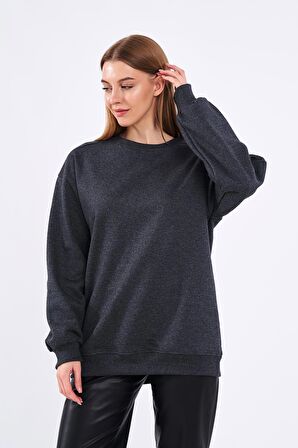 Antrasit Kadın Pamuklu Oversize Basic Bisiklet Yaka Sweatshirt