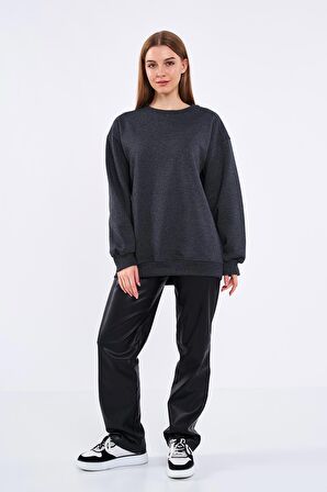 Antrasit Kadın Pamuklu Oversize Basic Bisiklet Yaka Sweatshirt