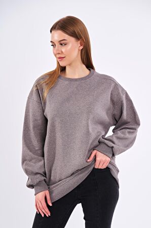 Kahve Kadın Pamuklu Oversize Basic Bisiklet Yaka Sweatshirt