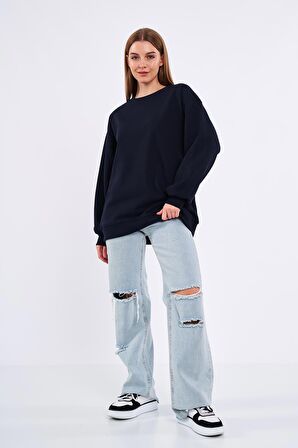 Lacivert Kadın Pamuklu Oversize Basic Bisiklet Yaka Sweatshirt