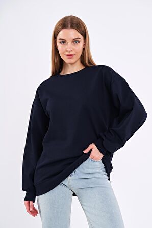 Lacivert Kadın Pamuklu Oversize Basic Bisiklet Yaka Sweatshirt