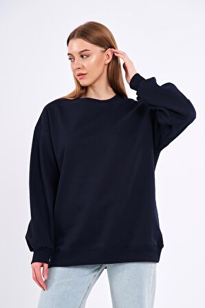 Lacivert Kadın Pamuklu Oversize Basic Bisiklet Yaka Sweatshirt