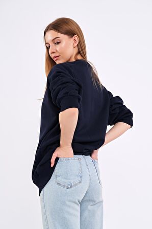 Lacivert Kadın Pamuklu Oversize Basic Bisiklet Yaka Sweatshirt