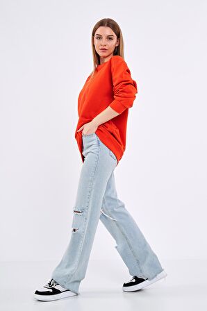 Turuncu Kadın Pamuklu Oversize Basic Bisiklet Yaka Sweatshirt