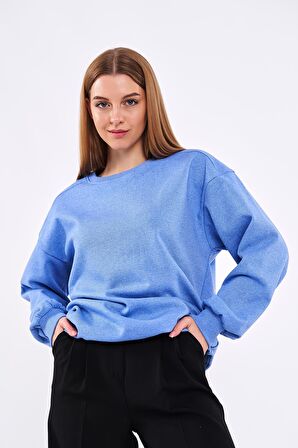 Mavi Kadın Pamuklu Oversize Basic Bisiklet Yaka Sweatshirt