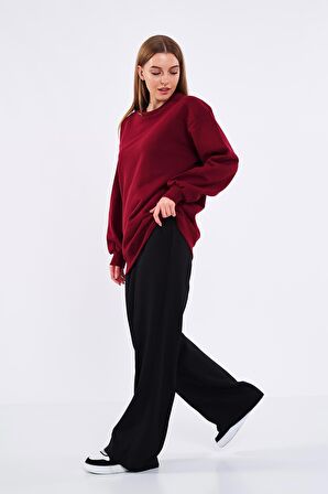 Bordo Kadın Pamuklu Oversize Basic Bisiklet Yaka Sweatshirt