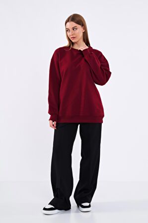 Bordo Kadın Pamuklu Oversize Basic Bisiklet Yaka Sweatshirt