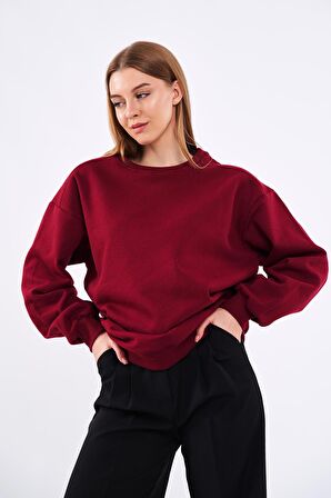 Bordo Kadın Pamuklu Oversize Basic Bisiklet Yaka Sweatshirt