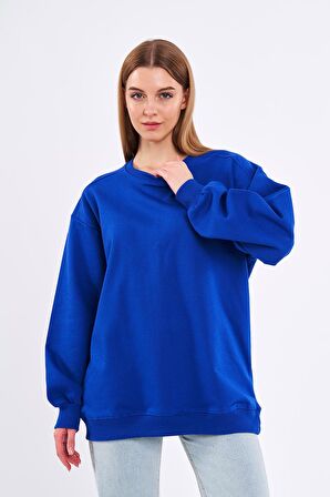 Saks Kadın Pamuklu Oversize Basic Bisiklet Yaka  Sweatshirt