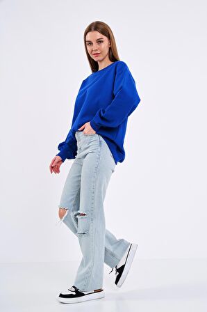 Saks Kadın Pamuklu Oversize Basic Bisiklet Yaka  Sweatshirt