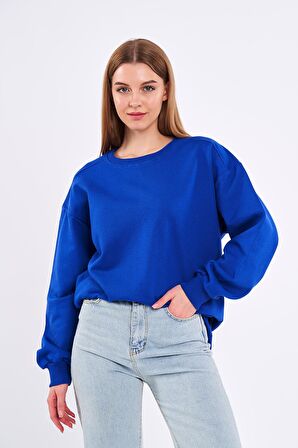 Saks Kadın Pamuklu Oversize Basic Bisiklet Yaka  Sweatshirt