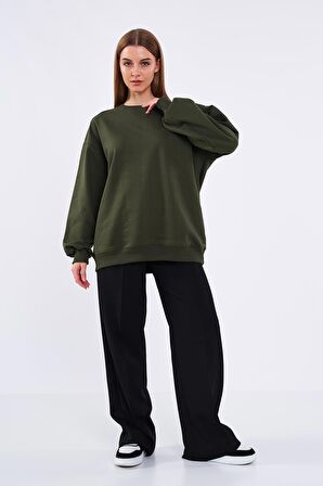 Haki Kadın Pamuklu Oversize Basic Bisiklet Yaka  Sweatshirt