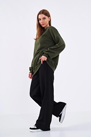 Haki Kadın Pamuklu Oversize Basic Bisiklet Yaka  Sweatshirt