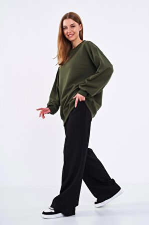 Haki Kadın Pamuklu Oversize Basic Bisiklet Yaka  Sweatshirt