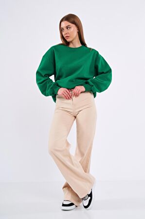 Yeşil Kadın Pamuklu Oversize Basic Bisiklet Yaka Sweatshirt