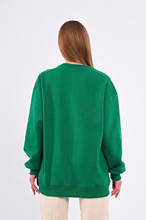 Yeşil Kadın Pamuklu Oversize Basic Bisiklet Yaka Sweatshirt