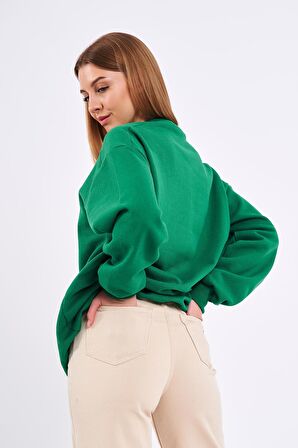 Yeşil Kadın Pamuklu Oversize Basic Bisiklet Yaka Sweatshirt