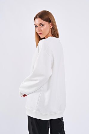 Ekru Kadın Pamuklu Oversize Basic Bisiklet Yaka Sweatshirt