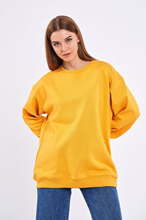 Sarı Kadın Pamuklu Oversize Basic Bisiklet Yaka Sweatshirt