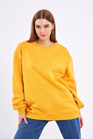 Sarı Kadın Pamuklu Oversize Basic Bisiklet Yaka Sweatshirt