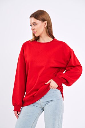 Kırmızı Kadın Pamuklu Oversize Basic Bisiklet Yaka Sweatshirt