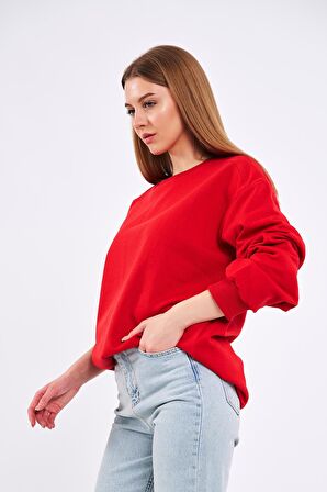 Kırmızı Kadın Pamuklu Oversize Basic Bisiklet Yaka Sweatshirt