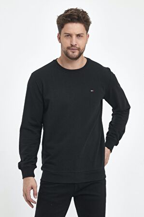 Erkek Siyah Bisiklet Yaka Nakış Detaylı Regular Fit Sweatshirt