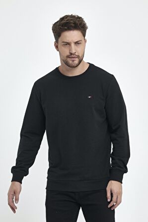 Erkek Siyah Bisiklet Yaka Nakış Detaylı Regular Fit Sweatshirt