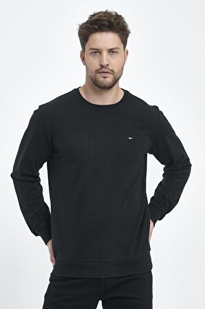 Erkek Siyah Bisiklet Yaka Nakış Detaylı Regular Fit Sweatshirt