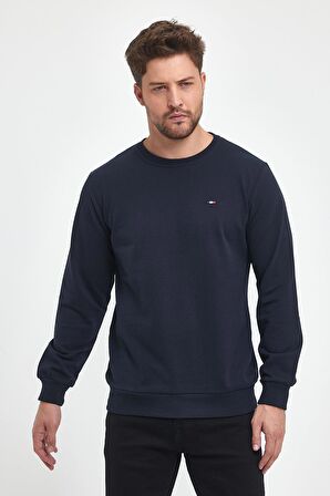 Erkek Lacivert Bisiklet Yaka Nakış Detaylı  Regular Fit Sweatshirt