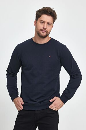 Erkek Lacivert Bisiklet Yaka Nakış Detaylı  Regular Fit Sweatshirt