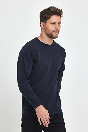 Erkek Lacivert Bisiklet Yaka Nakış Detaylı  Regular Fit Sweatshirt