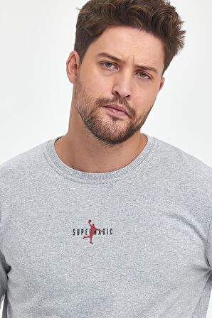 Gri Erkek Supermagic Göğüs Baskılı Basic Sweatshirt