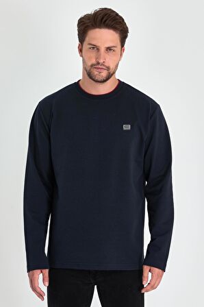 Erkek Lacivert Çift Bisiklet Yaka Baskı Detaylı Standart Rahat Kesim Sweatshirt