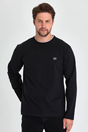 Erkek Siyah Çift Bisiklet Yaka Baskı Detaylı Standart Rahat Kesim Sweatshirt