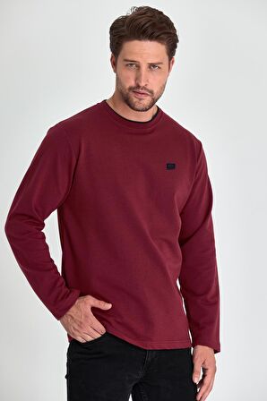 Erkek Bordo Çift Bisiklet Yaka Baskı Detaylı Standart Rahat Kesim Sweatshirt