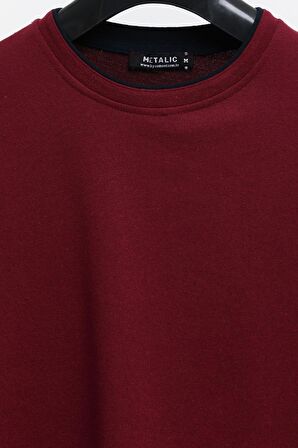 Erkek Bordo Çift Bisiklet Yaka Baskı Detaylı Standart Rahat Kesim Sweatshirt