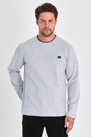 Erkek Gri Çift Bisiklet Yaka Baskı Detaylı Standart Rahat Kesim Sweatshirt