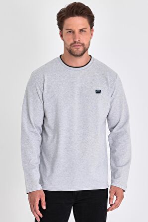 Erkek Gri Çift Bisiklet Yaka Baskı Detaylı Standart Rahat Kesim Sweatshirt