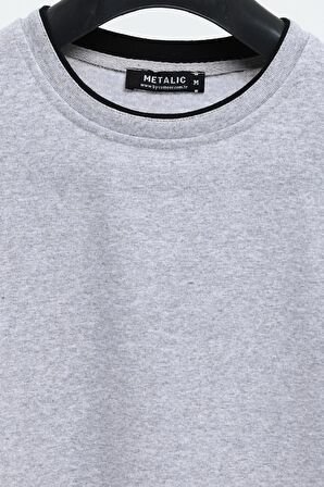 Erkek Gri Çift Bisiklet Yaka Baskı Detaylı Standart Rahat Kesim Sweatshirt