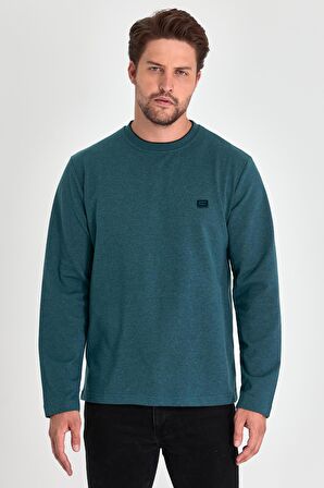 Erkek Petrol Çift Bisiklet Yaka Baskı Detaylı Standart Rahat Kesim Sweatshirt