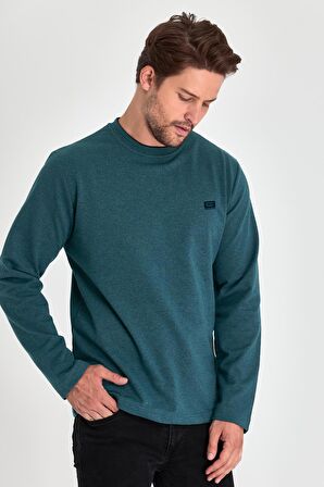 Erkek Petrol Çift Bisiklet Yaka Baskı Detaylı Standart Rahat Kesim Sweatshirt