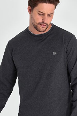 Erkek Antrasit Çift Bisiklet Yaka Baskı Detaylı Standart Rahat Kesim Sweatshirt